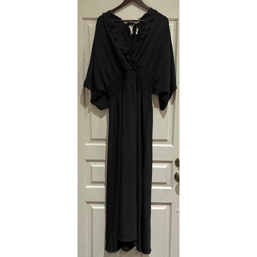 ODDI Maxi Dress 1XL Black Flowy V-Neck Smocked Flutter Sleeve Ruffle Party